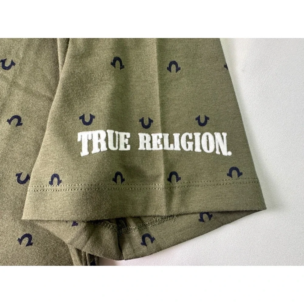 True Religion Men's Olive Green Mini Horseshoe Logo AOP Med Short Sleeve T-Shirt